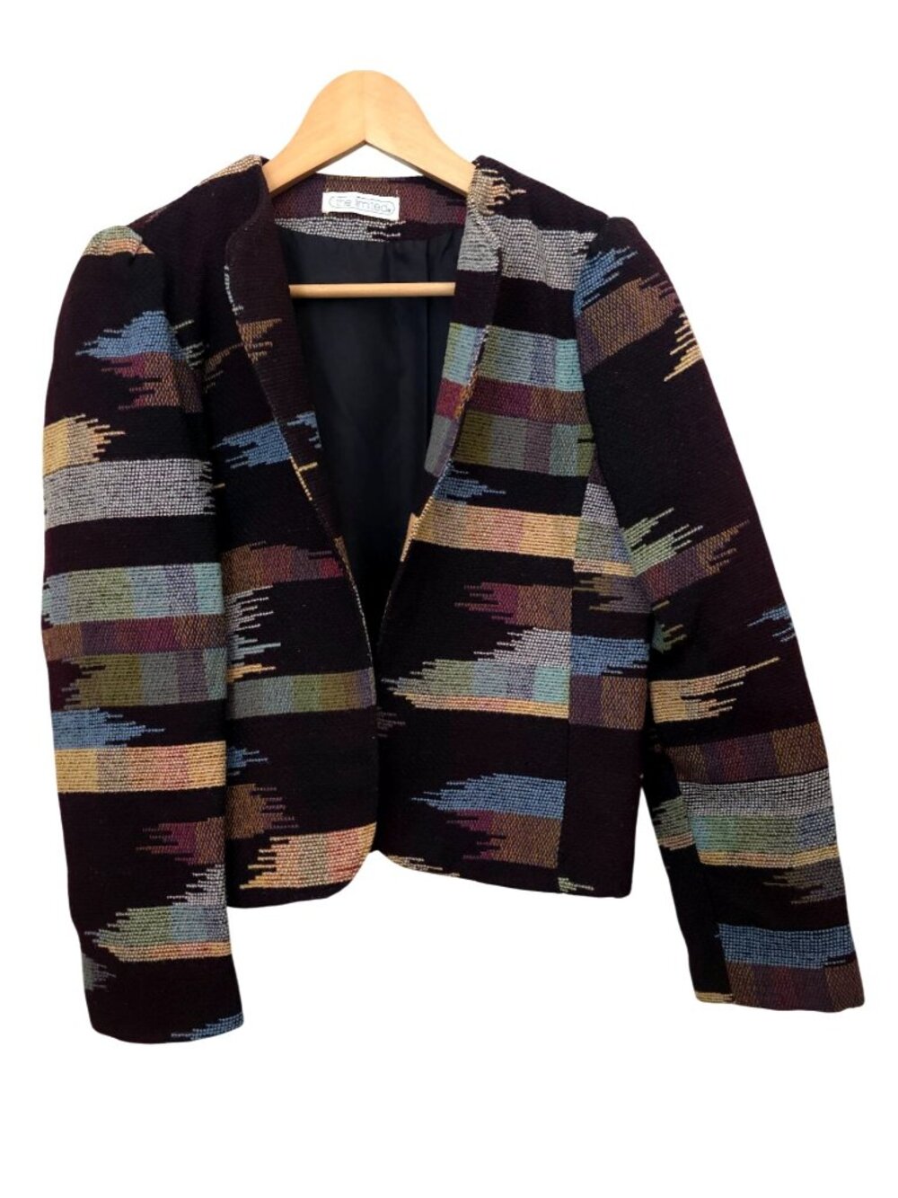 Vintage THE LIMITED Collarless Ikat Woven Tapestry Open Front Wool Jacket Sz 7